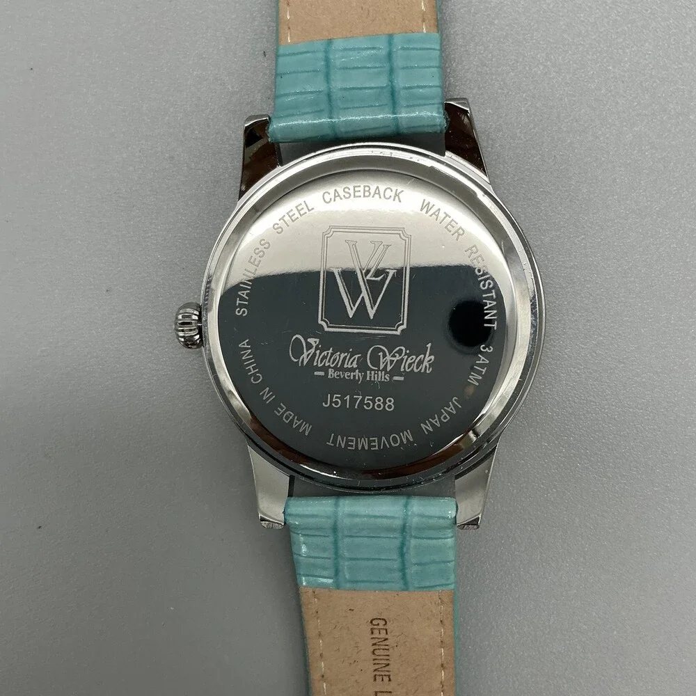 Victoria Wieck Womens Watch 42mm Silver Tone Aqua Leather Crystals New Battery